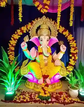 Illuminated Ganpati Decoration with Greenery and Floral Garlands | Illuminated Ganpati Decoration with Greenery | Indian Festival Decoration Ideas | Decorations Guru